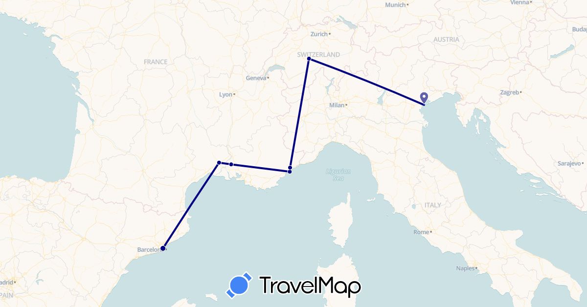 TravelMap itinerary: driving in Switzerland, Spain, France, Italy (Europe)